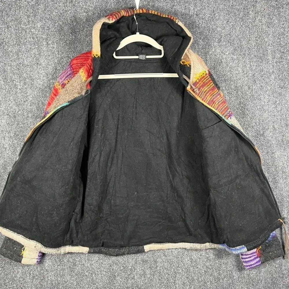 Nepal Wool Patchwork Zip Hoodie Unisex M Multicolor Fleece Lined Boho Jacket